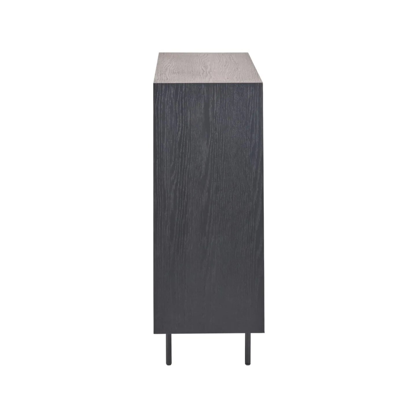 Scandinavian Two Tone Chevron Oak & Black Wood 2 Door Bar Cabinet with Herringbone Oak Veneer Doors & 3 Internal Shelves – Modern Wooden Drinks Storage Cabinet with Black Frame, Slim Metal Handles, Elevated Legs & Spacious Bottle and Glassware Storage for Living Rooms, Dining Rooms & Home Bars Side View 100x100x38cm | Click Style