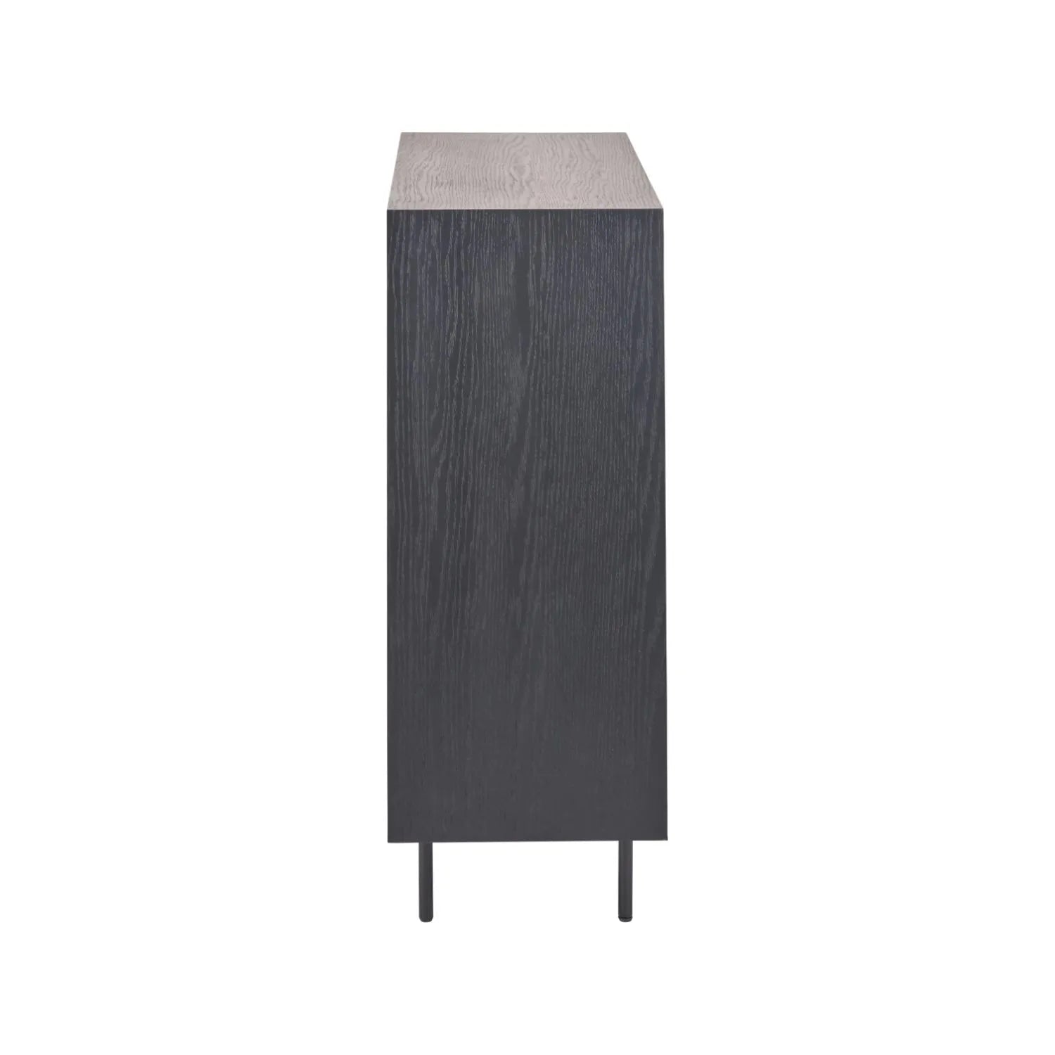 Scandinavian Two Tone Chevron Oak & Black Wood 2 Door Bar Cabinet with Herringbone Oak Veneer Doors & 3 Internal Shelves – Modern Wooden Drinks Storage Cabinet with Black Frame, Slim Metal Handles, Elevated Legs & Spacious Bottle and Glassware Storage for Living Rooms, Dining Rooms & Home Bars Side View 100x100x38cm | Click Style