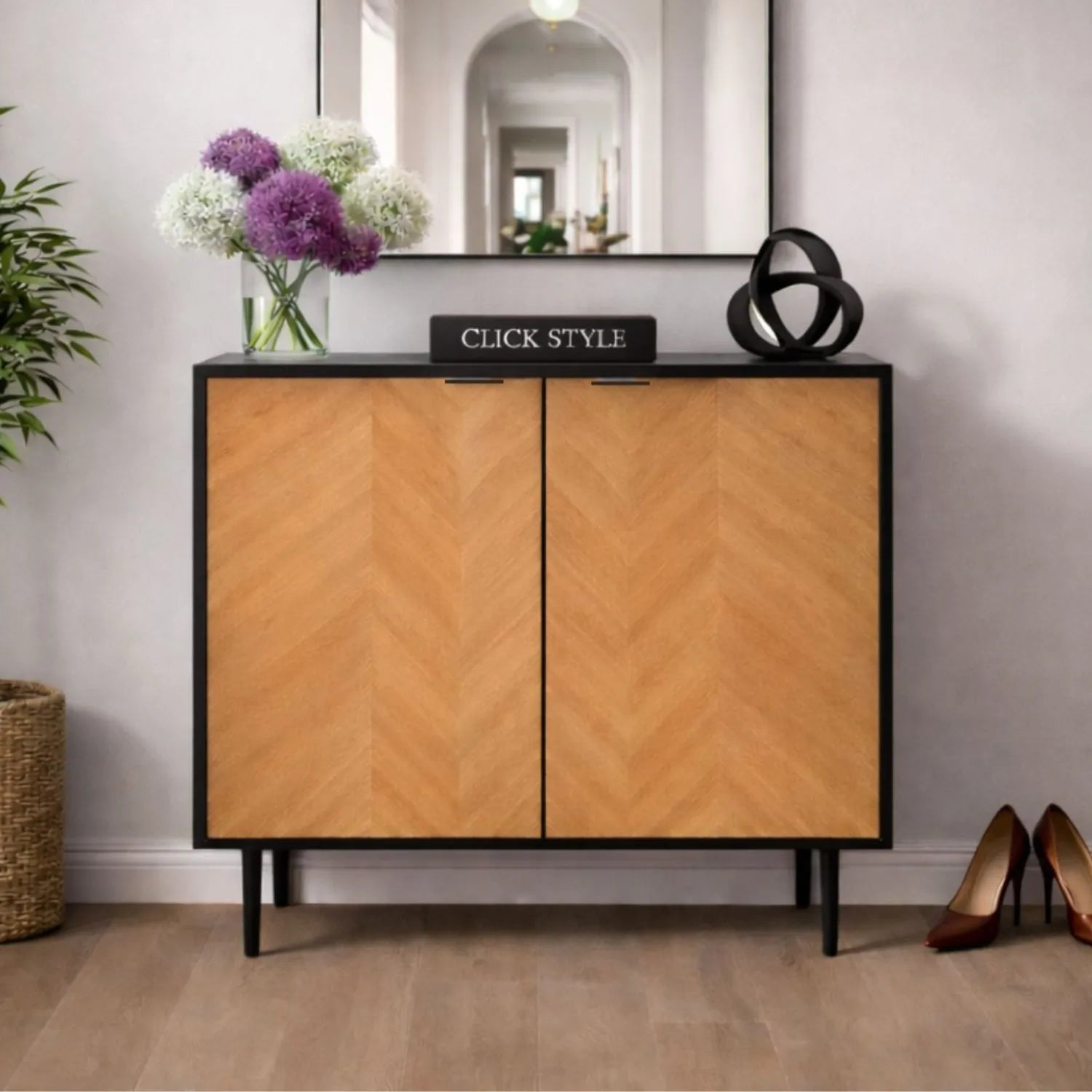 Scandinavian Two Tone Chevron Oak & Black Wood 2 Door Bar Cabinet with Herringbone Oak Veneer Doors & 3 Internal Shelves – Modern Wooden Drinks Storage Cabinet with Black Frame, Slim Metal Handles, Elevated Legs & Spacious Bottle and Glassware Storage for Living Rooms, Dining Rooms & Home Bars 100x100x38cm | Click Style