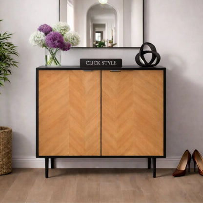 Scandinavian Two Tone Chevron Oak & Black Wood 2 Door Bar Cabinet with Herringbone Oak Veneer Doors & 3 Internal Shelves – Modern Wooden Drinks Storage Cabinet with Black Frame, Slim Metal Handles, Elevated Legs & Spacious Bottle and Glassware Storage for Living Rooms, Dining Rooms & Home Bars 100x100x38cm | Click Style