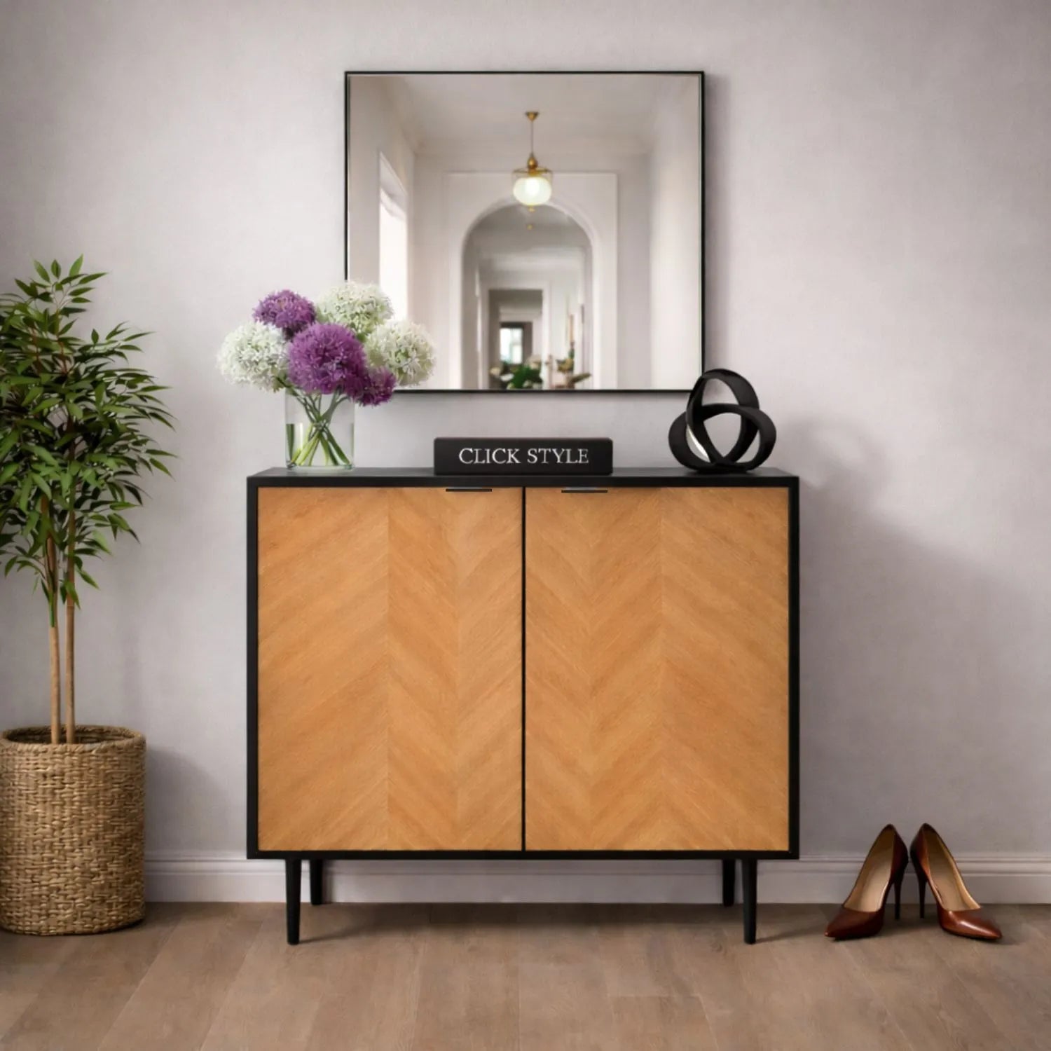 Scandinavian Two Tone Chevron Oak & Black Wood 2 Door Bar Cabinet with Herringbone Oak Veneer Doors & 3 Internal Shelves – Modern Wooden Drinks Storage Cabinet with Black Frame, Slim Metal Handles, Elevated Legs & Spacious Bottle and Glassware Storage for Living Rooms, Dining Rooms & Home Bars 100x100x38cm | Click Style