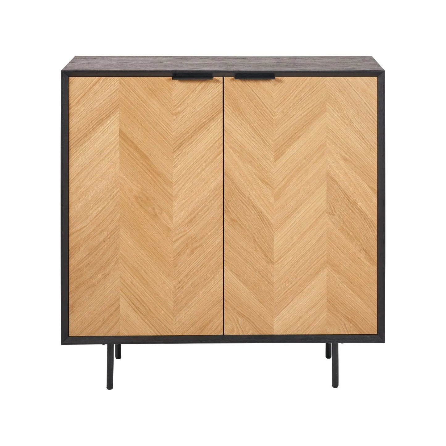 Scandinavian Two Tone Chevron Oak & Black Wood 2 Door Bar Cabinet with Herringbone Oak Veneer Doors & 3 Internal Shelves – Modern Wooden Drinks Storage Cabinet with Black Frame, Slim Metal Handles, Elevated Legs & Spacious Bottle and Glassware Storage for Living Rooms, Dining Rooms & Home Bars 100x100x38cm | Click Style