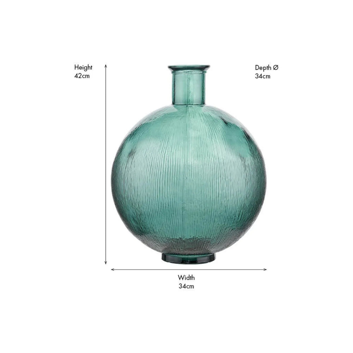 Sea Green Recycled Glass Ribbed Vase with Bulbous Shape & Narrow Neck – Large Floor Standing Vase 42x34x34cm – Dimensions | Click Style