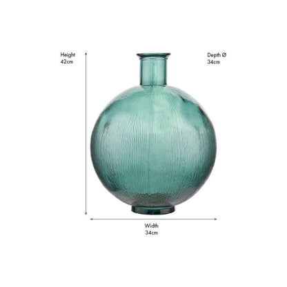 Sea Green Recycled Glass Ribbed Vase with Bulbous Shape & Narrow Neck – Large Floor Standing Vase 42x34x34cm – Dimensions | Click Style