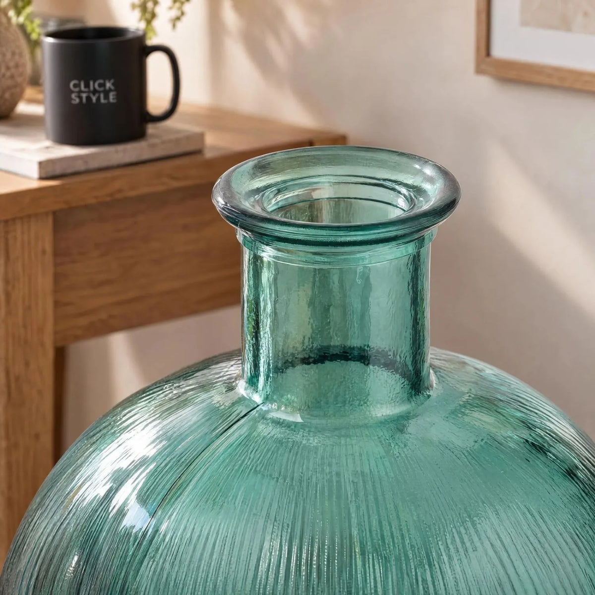 Sea Green Recycled Glass Ribbed Vase with Bulbous Shape & Narrow Neck – Large Floor Standing Vase 42x34x34cm – Rolled Rim & Narrow Neck Close-Up | Click Style