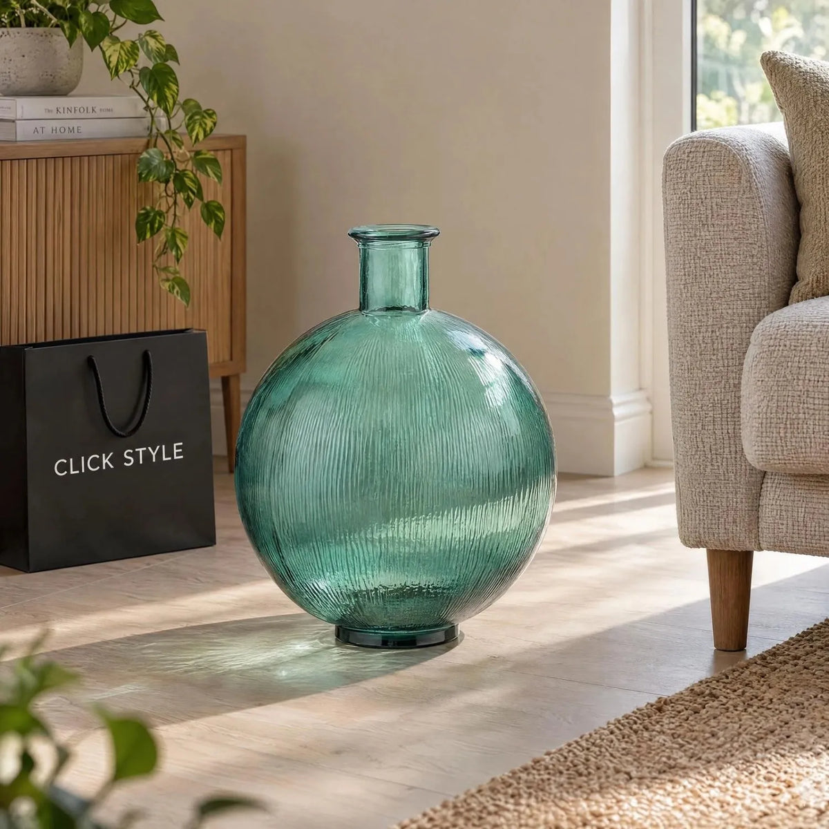 Sea Green Recycled Glass Ribbed Vase with Bulbous Shape & Narrow Neck – Large Floor Standing Vase 42x34x34cm – Empty Vase Living Room Lifestyle | Click Style