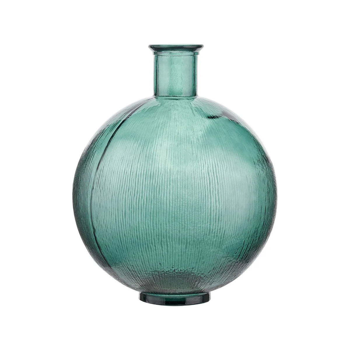 Sea Green Recycled Glass Ribbed Vase with Bulbous Shape & Narrow Neck – Large Floor Standing Vase 42x34x34cm – Front Product View | Click Style