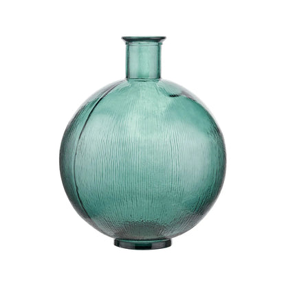 Sea Green Recycled Glass Ribbed Vase with Bulbous Shape & Narrow Neck – Large Floor Standing Vase 42x34x34cm – Front Product View | Click Style