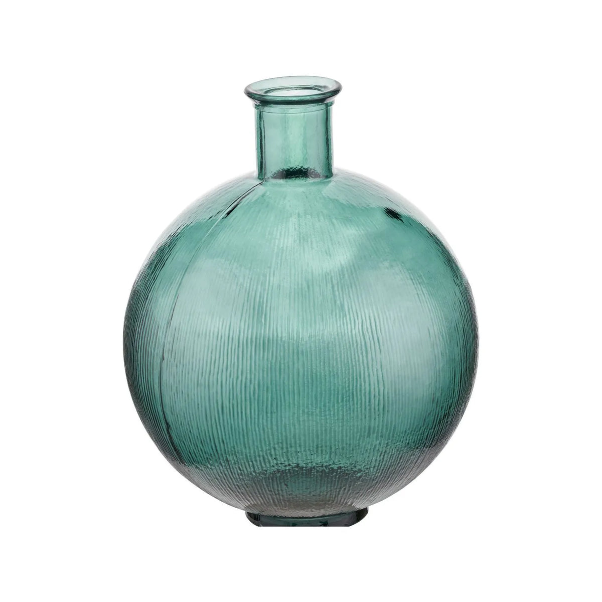 Sea Green Recycled Glass Ribbed Vase with Bulbous Shape & Narrow Neck – Large Floor Standing Vase 42x34x34cm – Angled Product View | Click Style