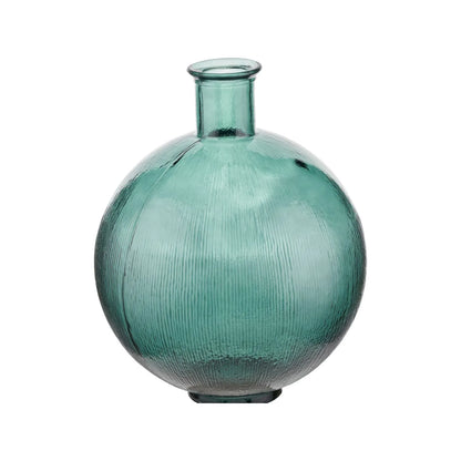 Sea Green Recycled Glass Ribbed Vase with Bulbous Shape & Narrow Neck – Large Floor Standing Vase 42x34x34cm – Angled Product View | Click Style