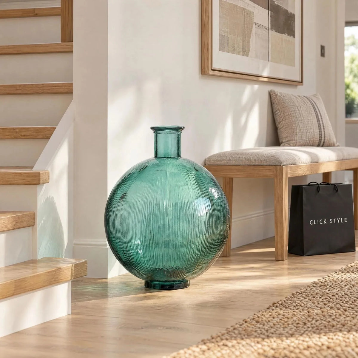 Sea Green Recycled Glass Ribbed Vase with Bulbous Shape & Narrow Neck – Large Floor Standing Vase 42x34x34cm – Empty Vase Hallway & Staircase Lifestyle | Click Style