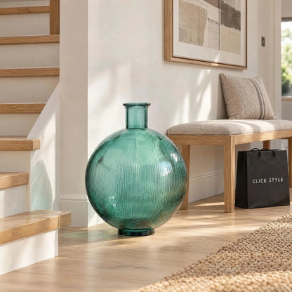 Sea Green Recycled Glass Ribbed Vase with Bulbous Shape & Narrow Neck – Large Floor Standing Vase 42x34x34cm – Empty Vase Hallway & Staircase Lifestyle | Click Style