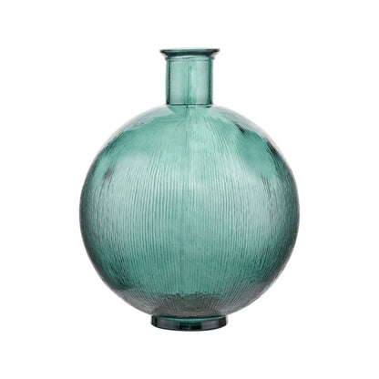 Sea Green Recycled Glass Ribbed Vase with Bulbous Shape & Narrow Neck – Large Floor Standing Vase 42x34x34cm – Alternative Front Product View | Click Style