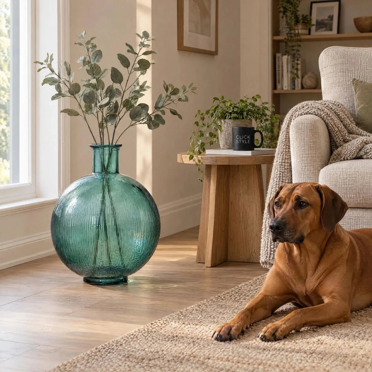 Sea Green Recycled Glass Ribbed Vase with Bulbous Shape & Narrow Neck – Large Floor Standing Vase 42x34x34cm – Styled with Artificial Foliage & Rhodesian Ridgeback | Click Style