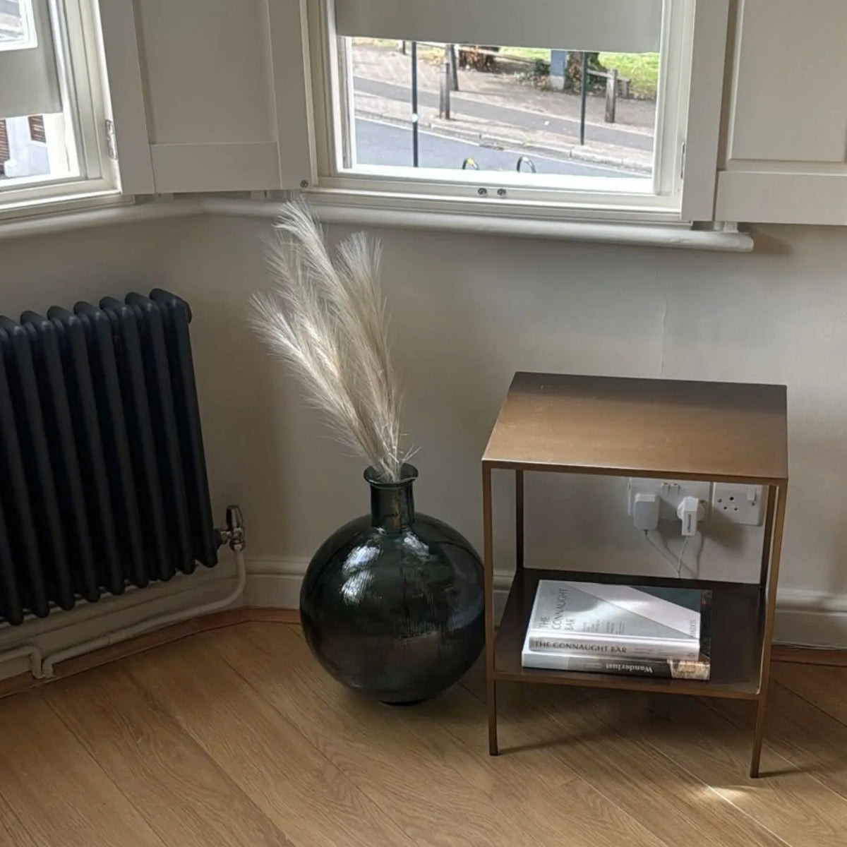 Sea Green Recycled Glass Ribbed Vase with Bulbous Shape & Narrow Neck – Large Floor Standing Vase 42x34x34cm – Customer Photo Styled with Pampas in a Real Home | Click Style