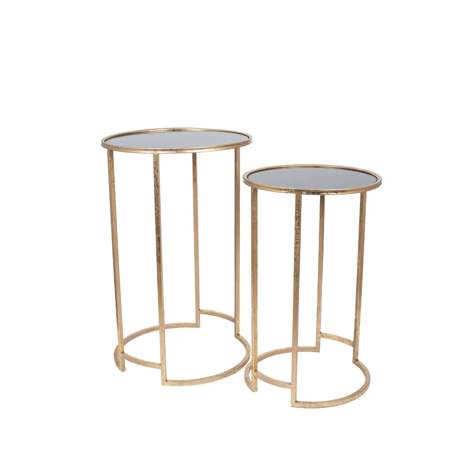 Set of 2 Antique Gold Metal & Black Smoked Glass Nesting Side Tables – Round Stackable End Tables Ø42x66.5cm - Click Style