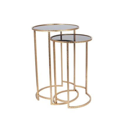 Set of 2 Antique Gold Metal & Black Smoked Glass Nesting Side Tables – Round Stackable End Tables Ø42x66.5cm - Click Style