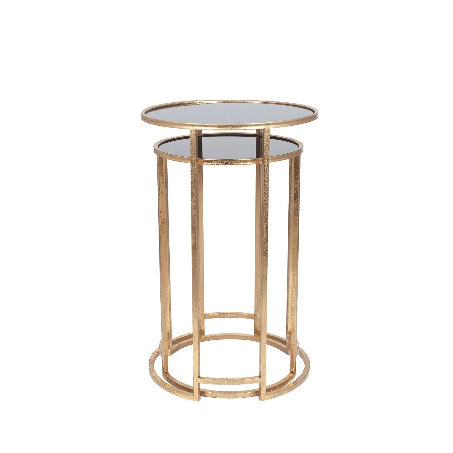 Set of 2 Antique Gold Metal & Black Smoked Glass Nesting Side Tables – Round Stackable End Tables Ø42x66.5cm - Click Style