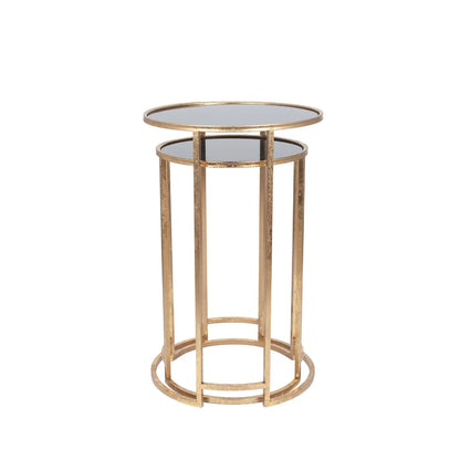 Set of 2 Antique Gold Metal & Black Smoked Glass Nesting Side Tables – Round Stackable End Tables Ø42x66.5cm - Click Style