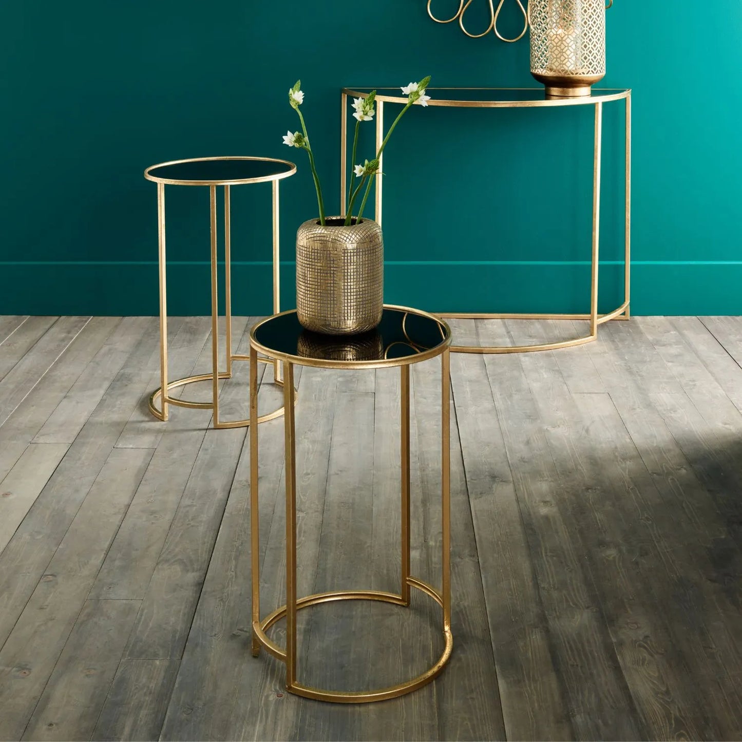 Set of 2 Antique Gold Metal & Black Smoked Glass Nesting Side Tables – Round Stackable End Tables Ø42x66.5cm - Click Style