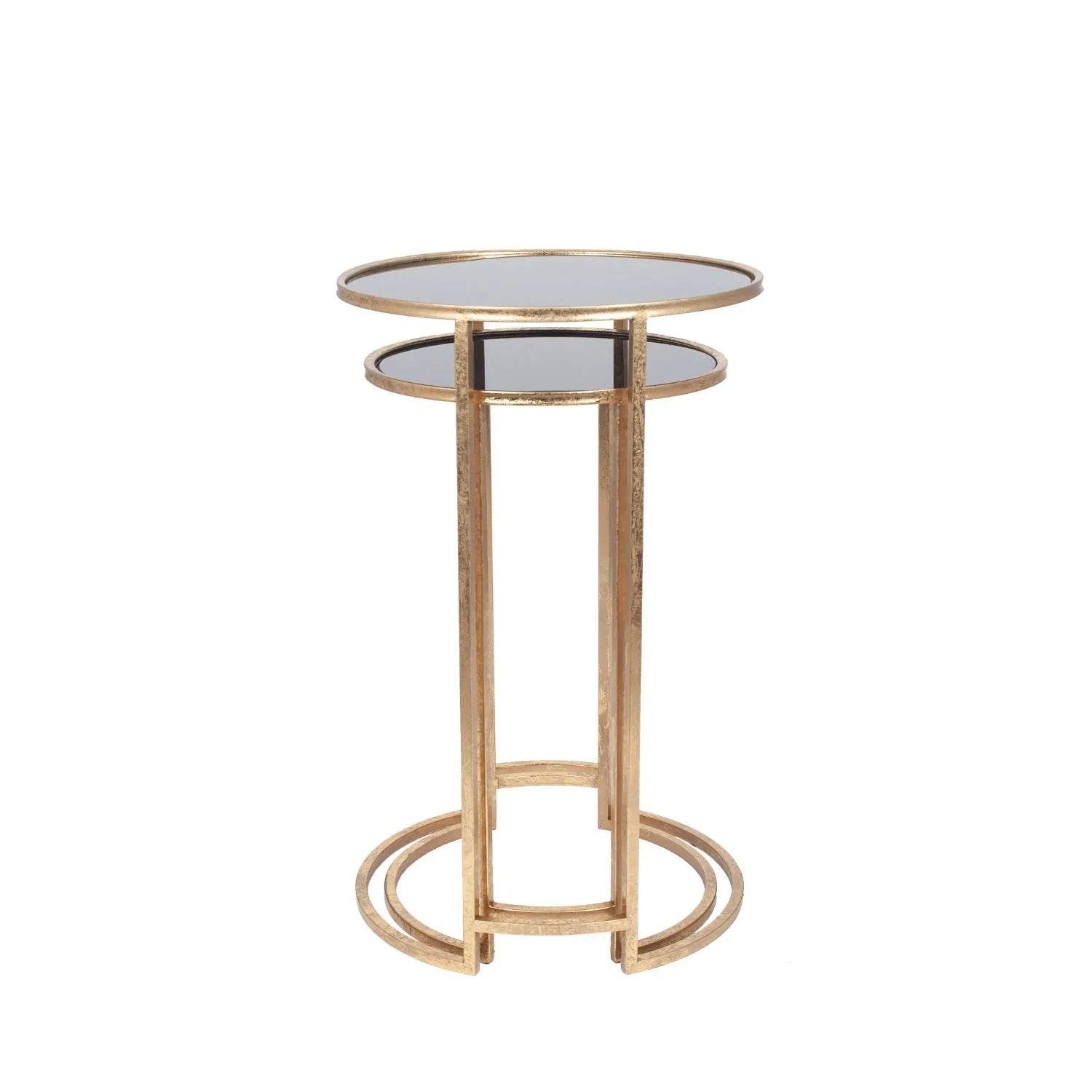 Set of 2 Antique Gold Metal & Black Smoked Glass Nesting Side Tables – Round Stackable End Tables Ø42x66.5cm - Click Style