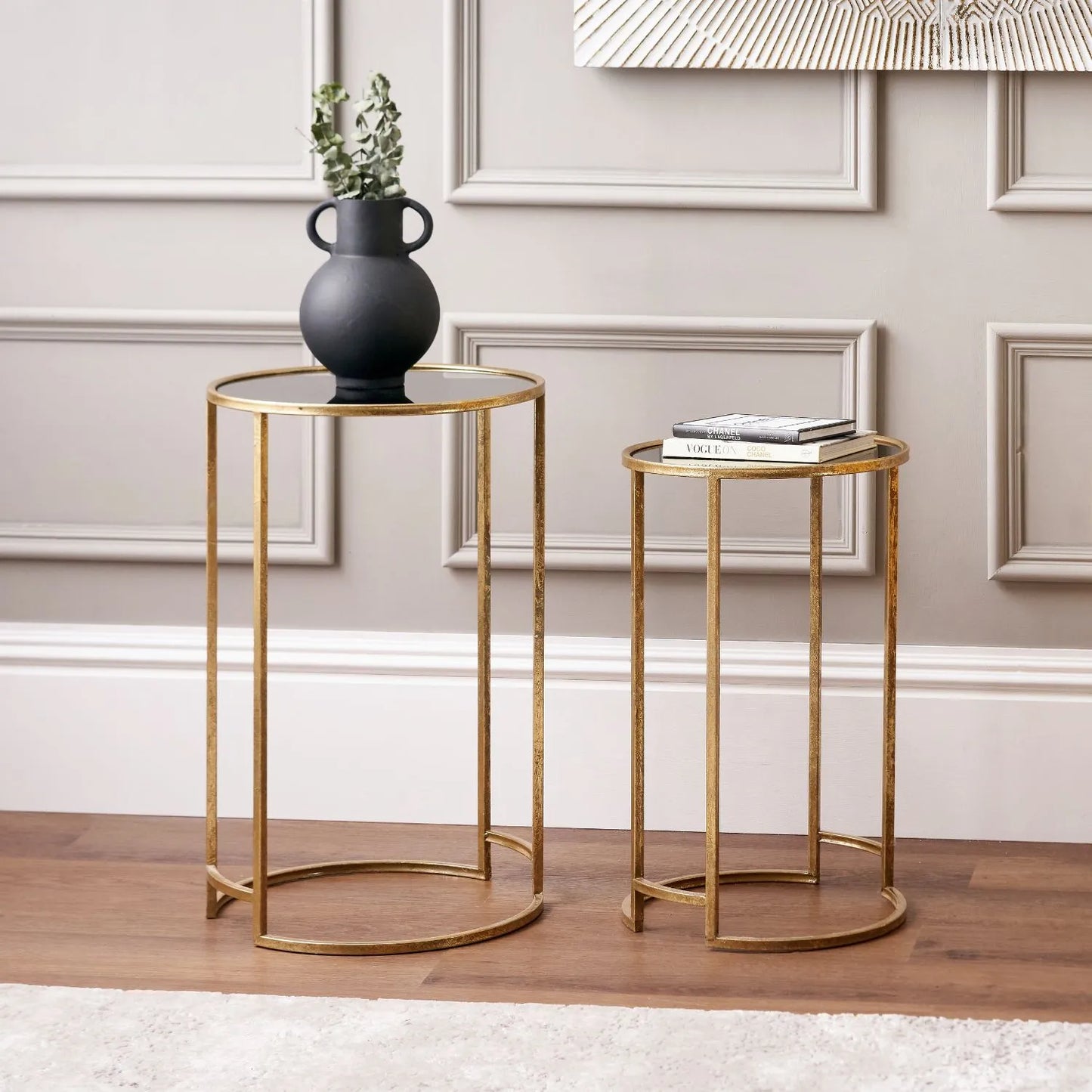 Set of 2 Antique Gold Metal & Black Smoked Glass Nesting Side Tables – Round Stackable End Tables Ø42x66.5cm - Click Style