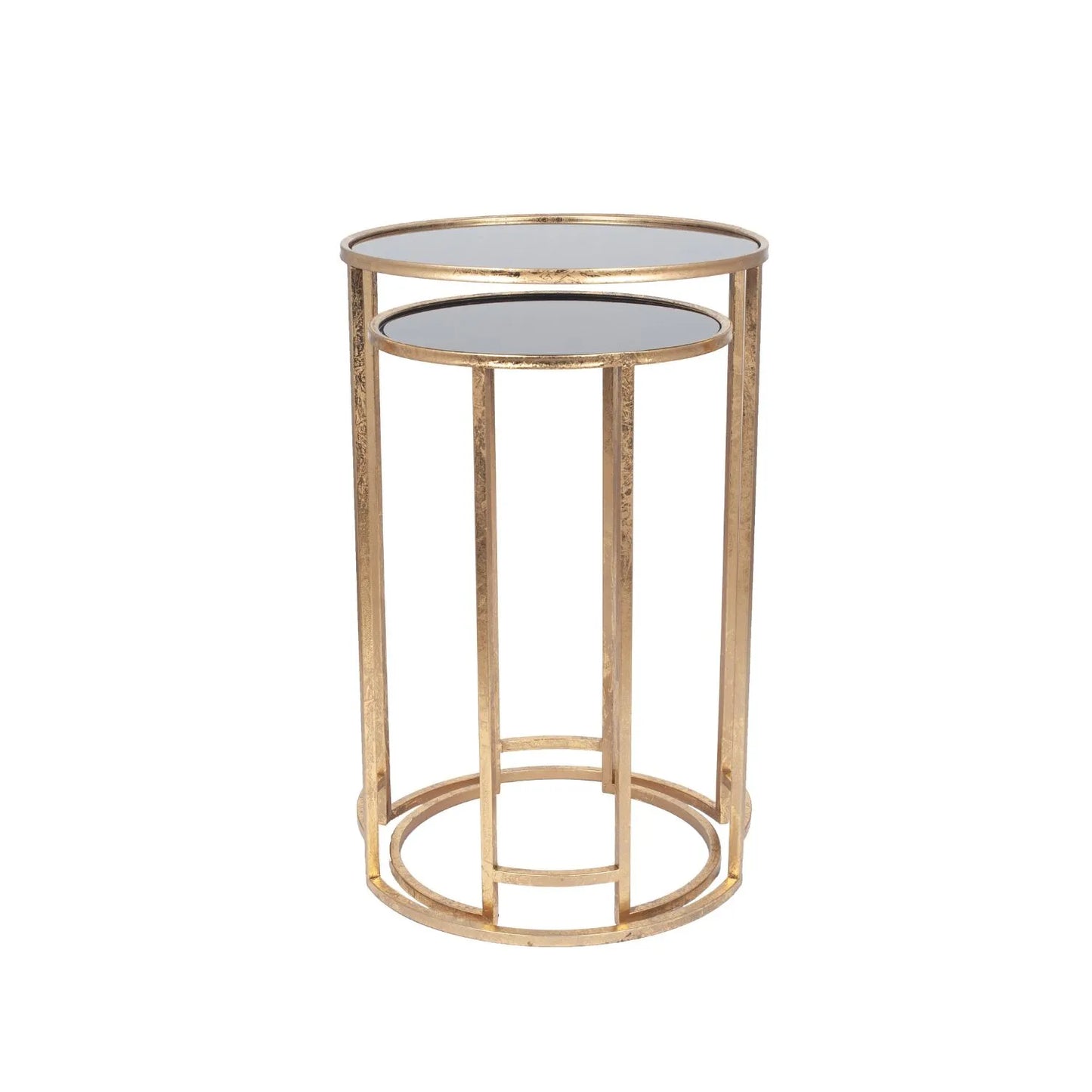 Set of 2 Antique Gold Metal & Black Smoked Glass Nesting Side Tables – Round Stackable End Tables Ø42x66.5cm - Click Style