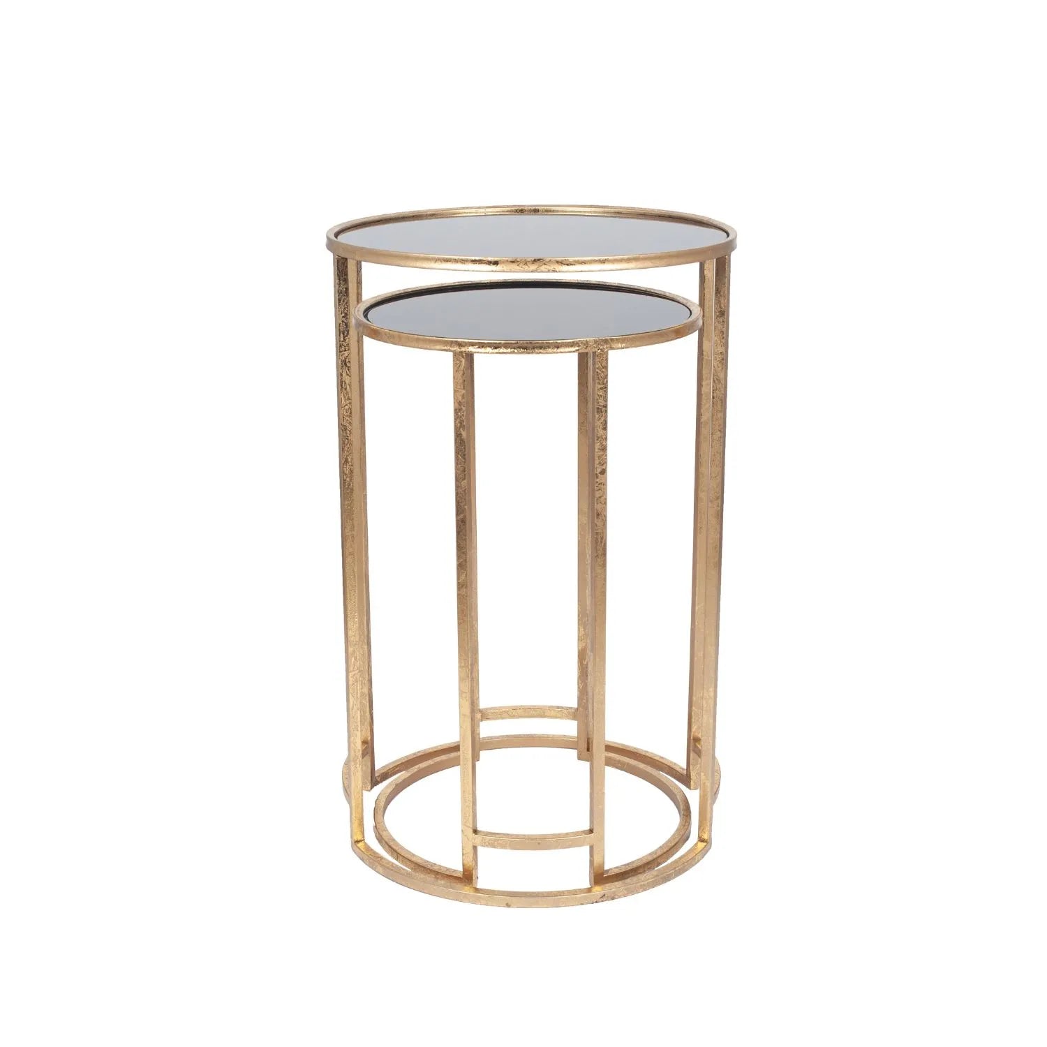 Set of 2 Antique Gold Metal & Black Smoked Glass Nesting Side Tables – Round Stackable End Tables Ø42x66.5cm - Click Style