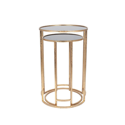 Set of 2 Antique Gold Metal & Black Smoked Glass Nesting Side Tables – Round Stackable End Tables Ø42x66.5cm - Click Style