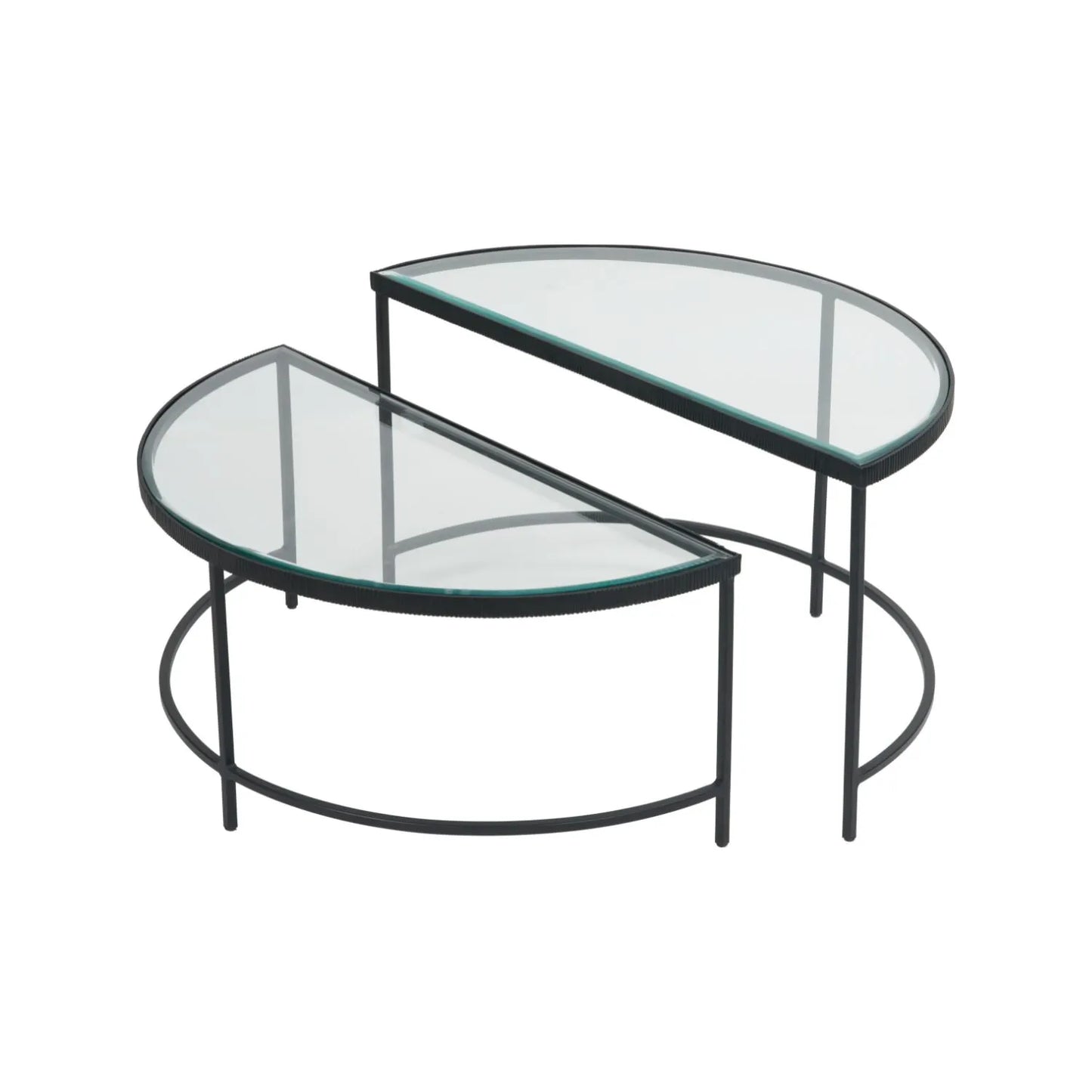 Set Of 2 Black Half Moon Glass Coffee Tables With Bevelled Glass Tops & Black Metal Frame | Click Style