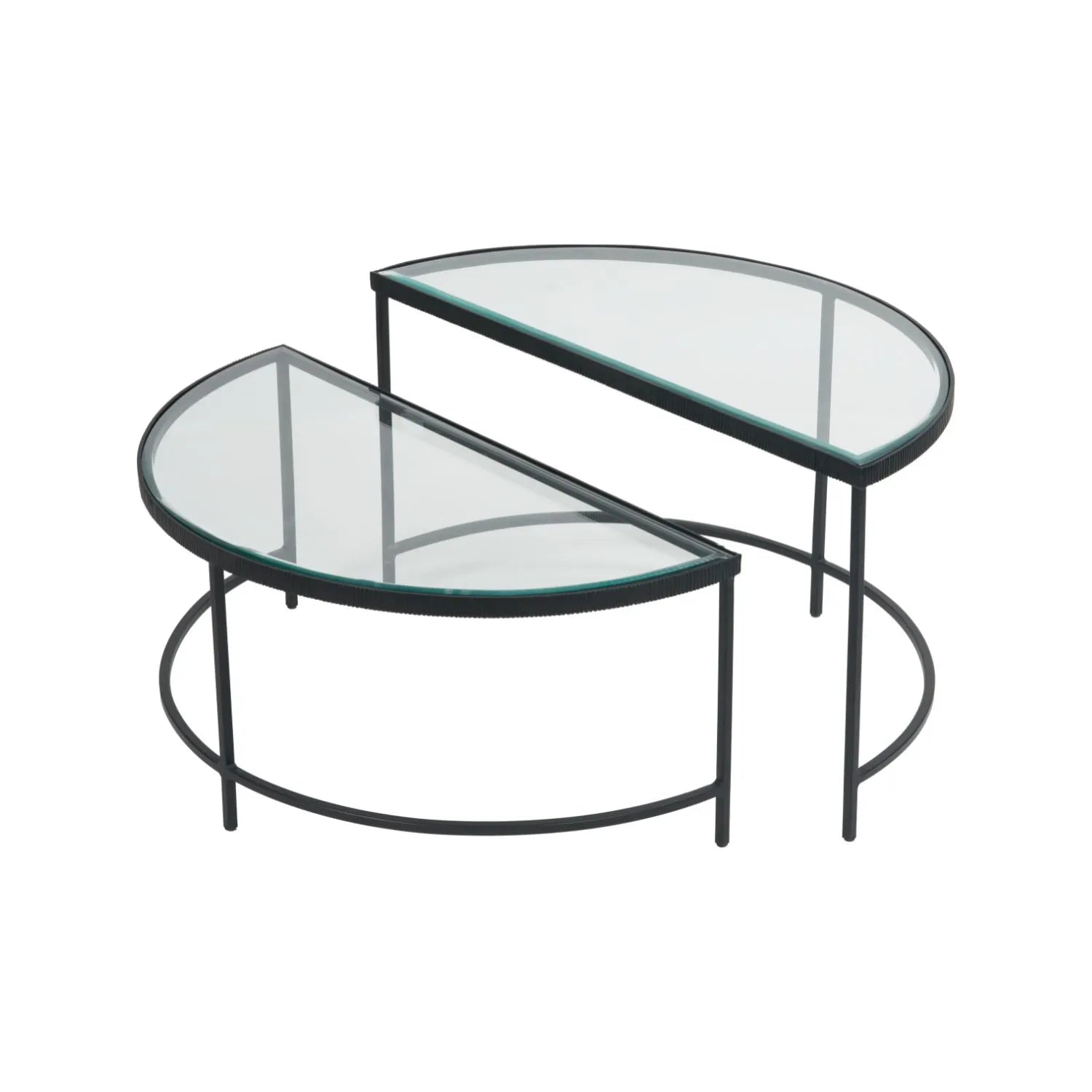 Set Of 2 Black Half Moon Glass Coffee Tables With Bevelled Glass Tops & Black Metal Frame | Click Style