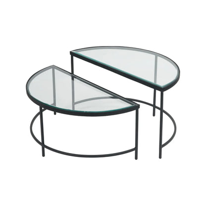 Set Of 2 Black Half Moon Glass Coffee Tables With Bevelled Glass Tops & Black Metal Frame | Click Style