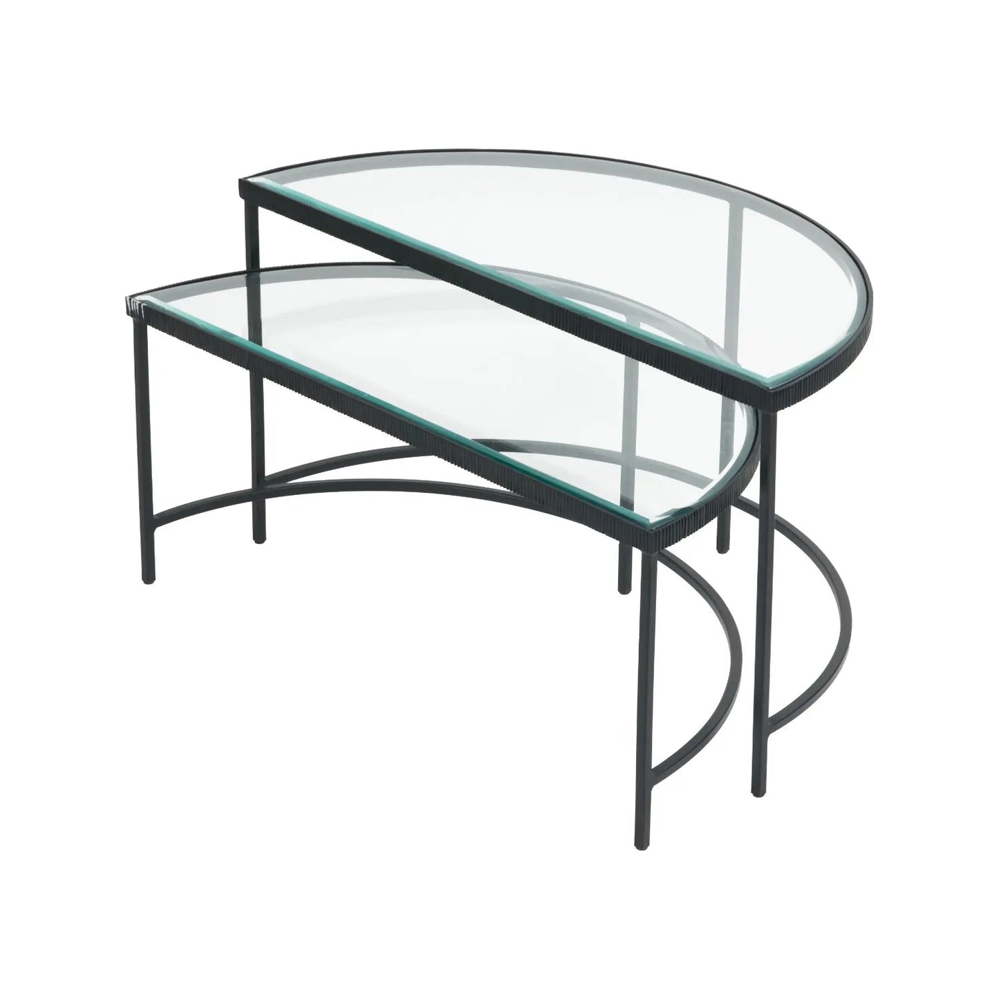 Set Of 2 Black Half Moon Glass Coffee Tables With Bevelled Glass Tops & Black Metal Frame | Click Style