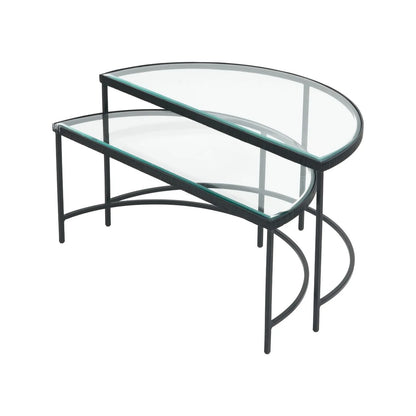 Set Of 2 Black Half Moon Glass Coffee Tables With Bevelled Glass Tops & Black Metal Frame | Click Style