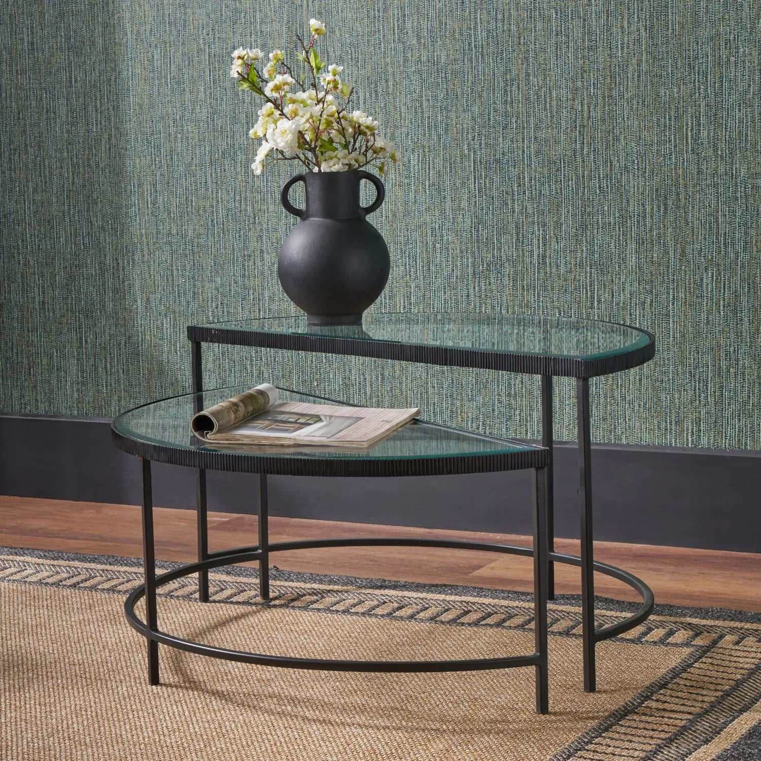 Set Of 2 Black Half Moon Glass Coffee Tables With Bevelled Glass Tops & Black Metal Frame | Click Style