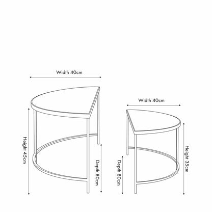 Set Of 2 Black Half Moon Glass Coffee Tables With Bevelled Glass Tops & Black Metal Frame Dimensions | Click Style