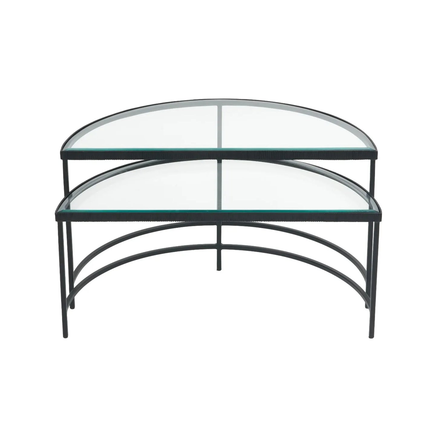 Set Of 2 Black Half Moon Glass Coffee Tables With Bevelled Glass Tops & Black Metal Frame | Click Style