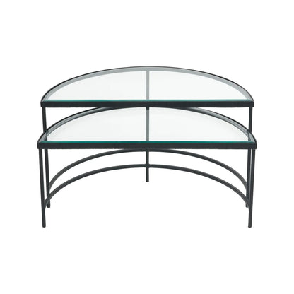 Set Of 2 Black Half Moon Glass Coffee Tables With Bevelled Glass Tops & Black Metal Frame | Click Style