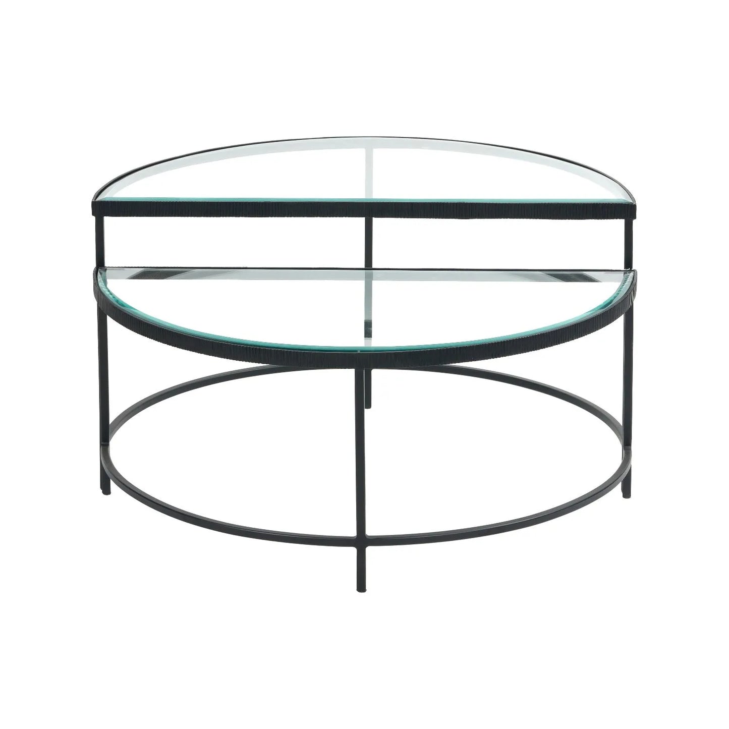 Set Of 2 Black Half Moon Glass Coffee Tables With Bevelled Glass Tops & Black Metal Frame | Click Style