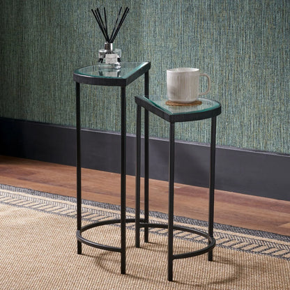 Set of 2 Black Half Moon Glass Side Tables with Bevelled Glass Tops & Black Metal Frame – Modern Nesting Occasional Tables 60x40x20cm | Click Style