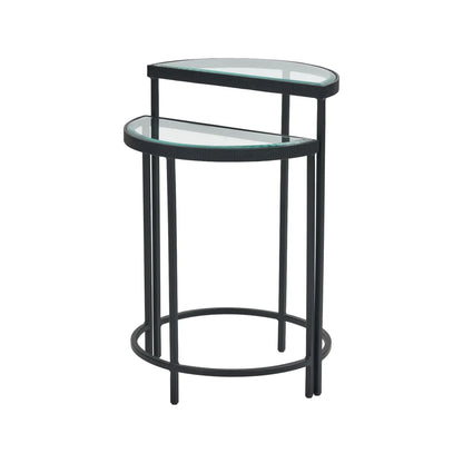 Set of 2 Black Half Moon Glass Side Tables with Bevelled Glass Tops & Black Metal Frame – Modern Nesting Occasional Tables 60x40x20cm | Click Style