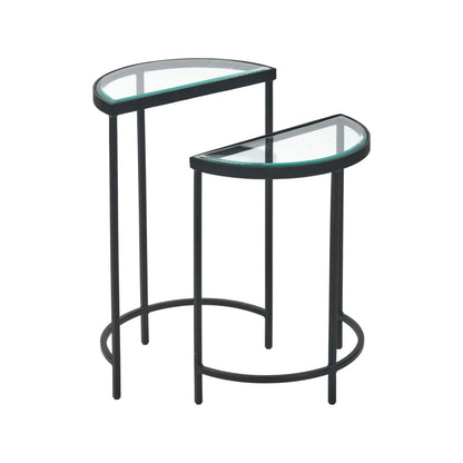 Set of 2 Black Half Moon Glass Side Tables with Bevelled Glass Tops & Black Metal Frame – Modern Nesting Occasional Tables 60x40x20cm | Click Style
