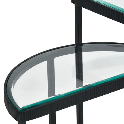 Set of 2 Black Half Moon Glass Side Tables with Bevelled Glass Tops & Black Metal Frame – Modern Nesting Occasional Tables 60x40x20cm | Click Style
