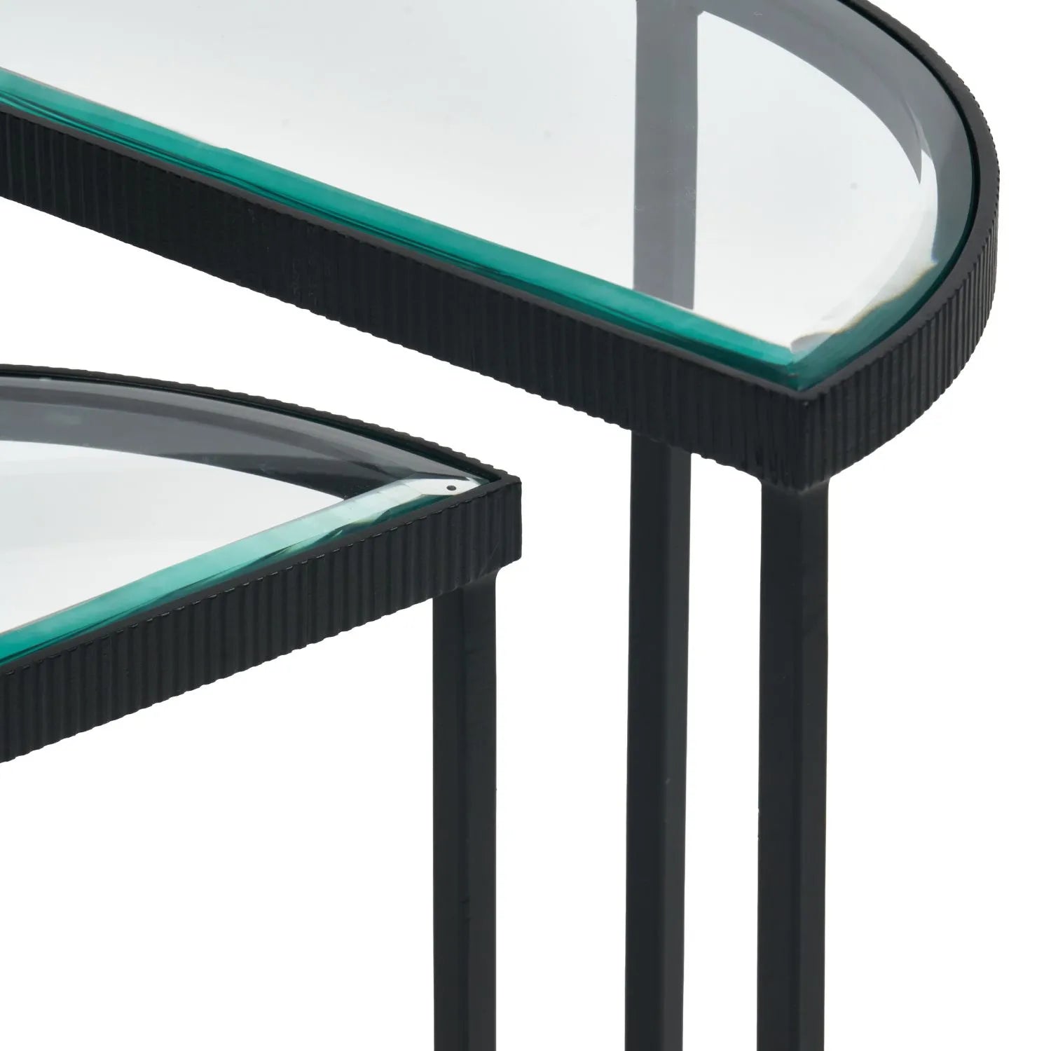 Set of 2 Black Half Moon Glass Side Tables with Bevelled Glass Tops & Black Metal Frame – Modern Nesting Occasional Tables 60x40x20cm | Click Style