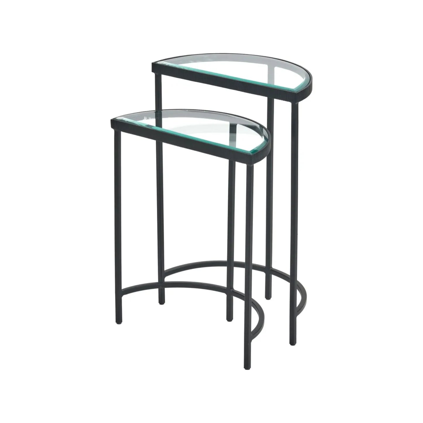 Set of 2 Black Half Moon Glass Side Tables with Bevelled Glass Tops & Black Metal Frame – Modern Nesting Occasional Tables 60x40x20cm | Click Style