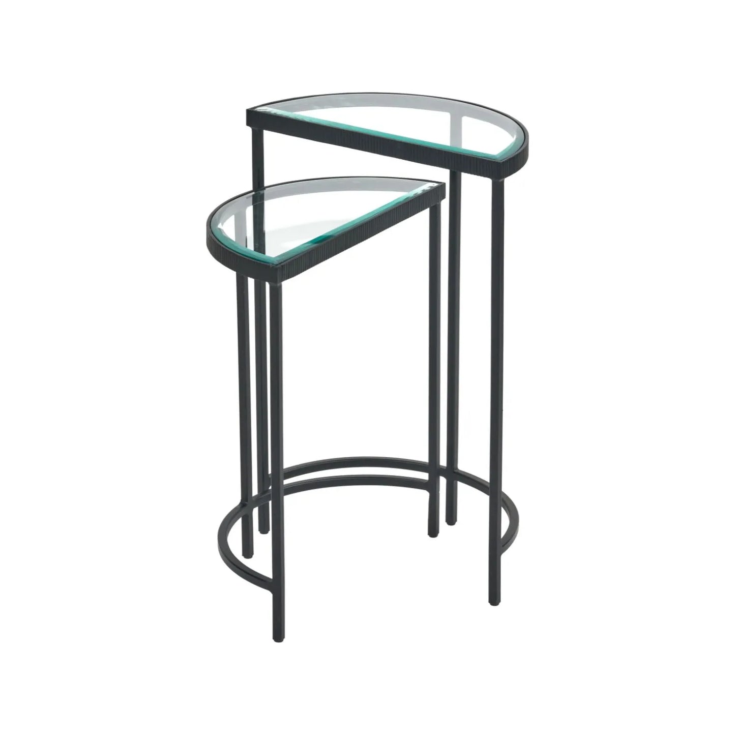 Set of 2 Black Half Moon Glass Side Tables with Bevelled Glass Tops & Black Metal Frame – Modern Nesting Occasional Tables 60x40x20cm | Click Style