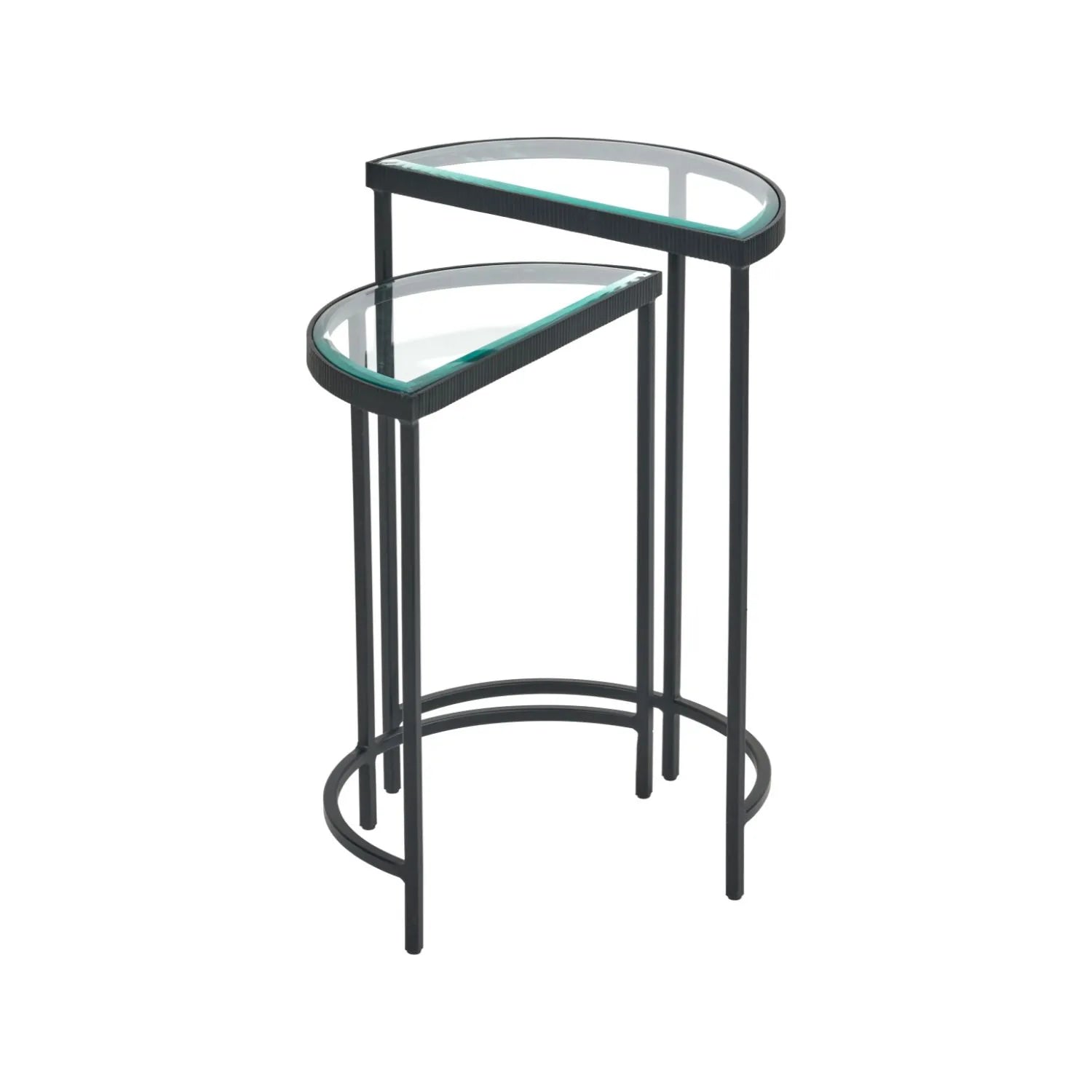 Set of 2 Black Half Moon Glass Side Tables with Bevelled Glass Tops & Black Metal Frame – Modern Nesting Occasional Tables 60x40x20cm | Click Style