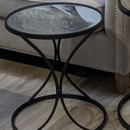 Set of 2 Black Metal Round Nesting Side Tables with Mirrored Glass Tops, Sculptural Curved Open Frame Design and Space Saving Nesting Layout – Contemporary Sofa End Lamp Tables for Living Room Lounge or Bedroom 58x51x51cm | Click Style