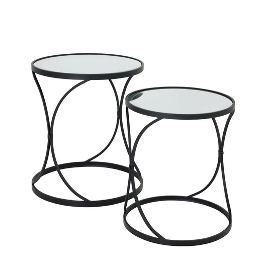 Set of 2 Black Metal Round Nesting Side Tables with Mirrored Glass Tops, Sculptural Curved Open Frame Design and Space Saving Nesting Layout – Contemporary Sofa End Lamp Tables for Living Room Lounge or Bedroom 58x51x51cm | Click Style