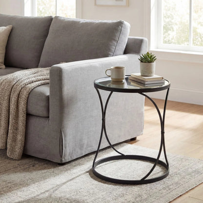 Set of 2 Black Metal Round Nesting Side Tables with Mirrored Glass Tops, Sculptural Curved Open Frame Design and Space Saving Nesting Layout – Contemporary Sofa End Lamp Tables for Living Room Lounge or Bedroom 58x51x51cm | Click Style